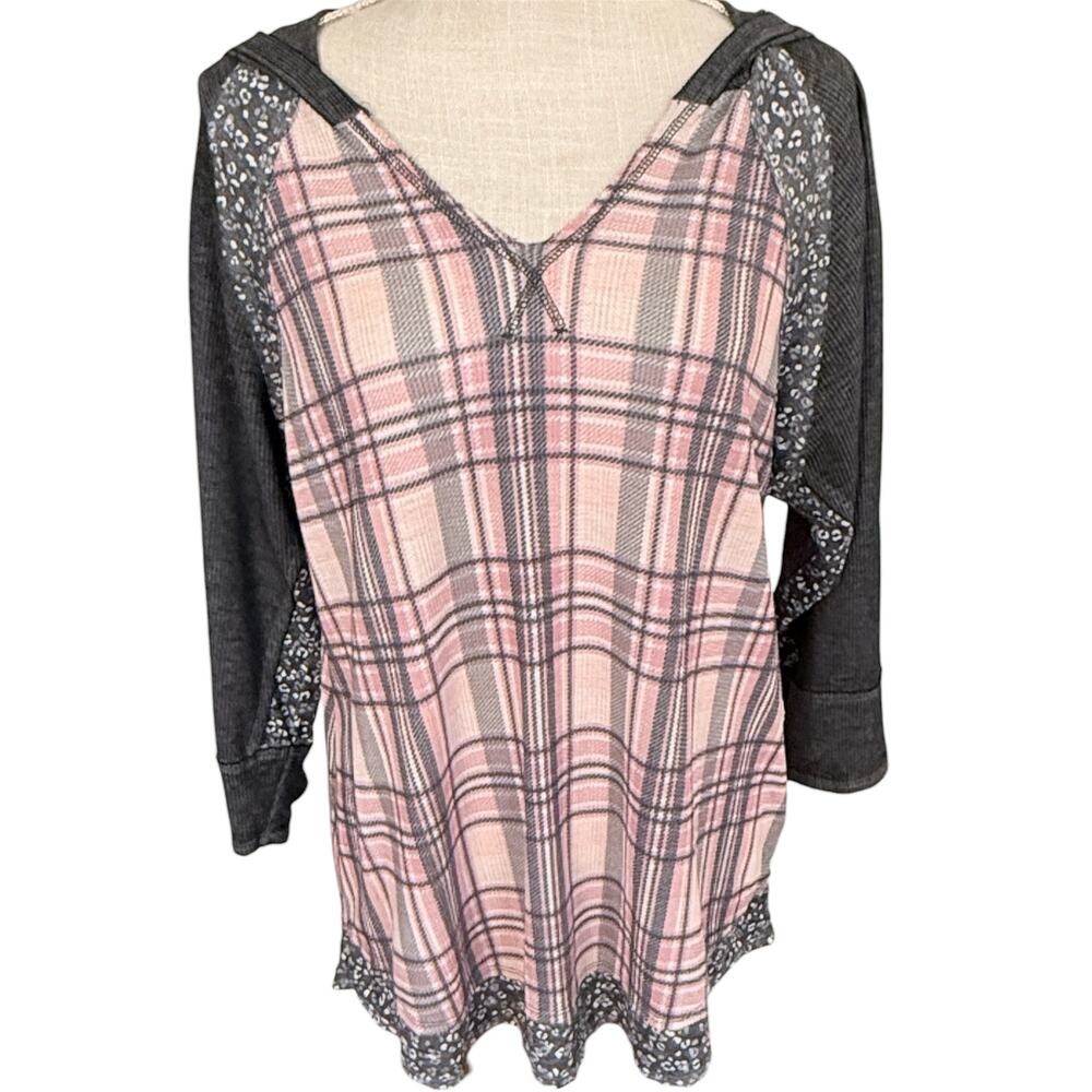 Cato, Large, Pink/Grey Plaid Hooded Long Sleeve T Shirt